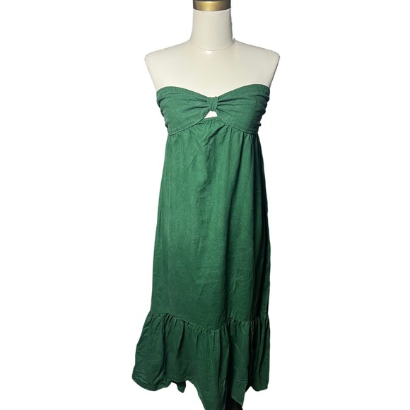 aerie Dresses & Skirts - Aerie Green Linen Blend Strapless Maxi Dress Bow Front Smocked Back XS